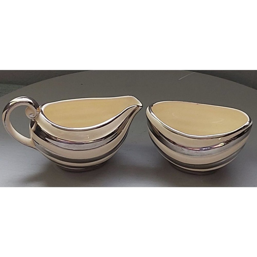Vintage Arthur Wood Beige and Silver Cream and Sugar set, Made in England, #3785